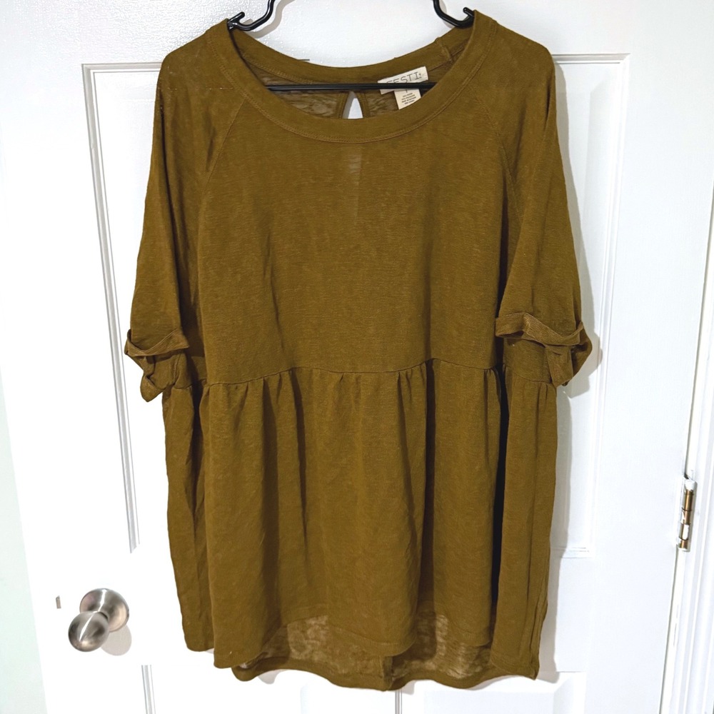 FESTI Mustard Yellow Babydoll Tunic Top Size 1 Short Sleeve‎ Keyhole Back Boho